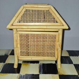 Vintage Metal Bamboo & Raffia MCM Tiki Hut Tea Light Holder Boho